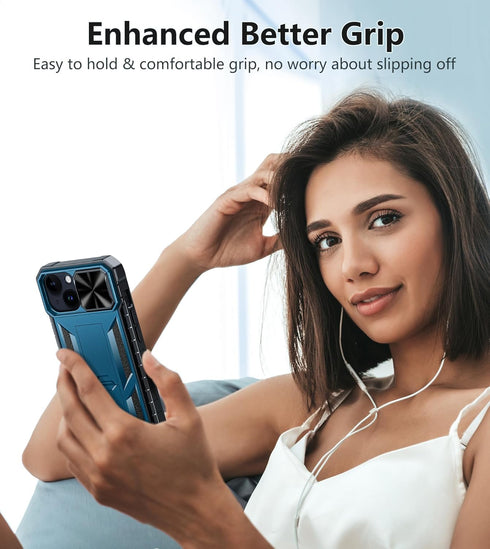 FNTCASE iPhone 15 Heavy Duty Phone Case: Military Grade, Dropproof, Kickstand, Textured Bumper, Rugged Protector (Blue)