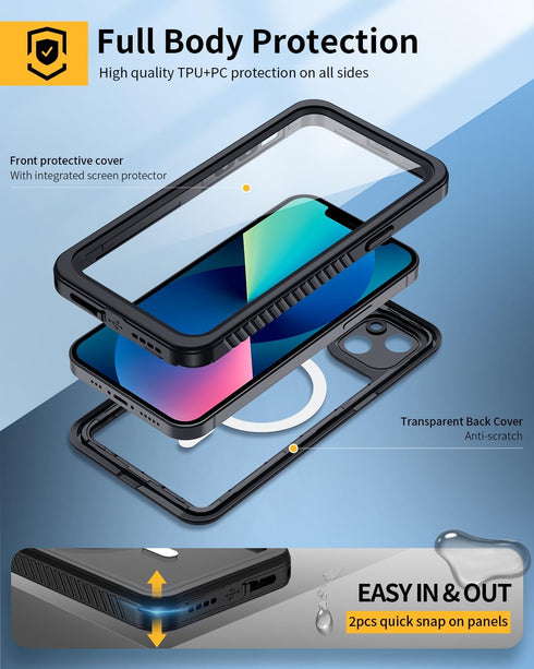 Lanhiem for iPhone 13 Magnetic Case - Waterproof Dustproof Shockproof Cover with Built-in Screen Protector (Black)