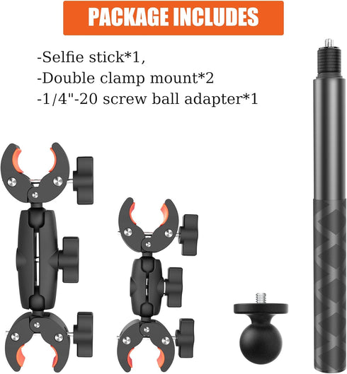 Motorcycle Bike Handlebar Mount for Insta360 with 118cm Selfie Stick, Double Clamp Mount for Cycling Videos