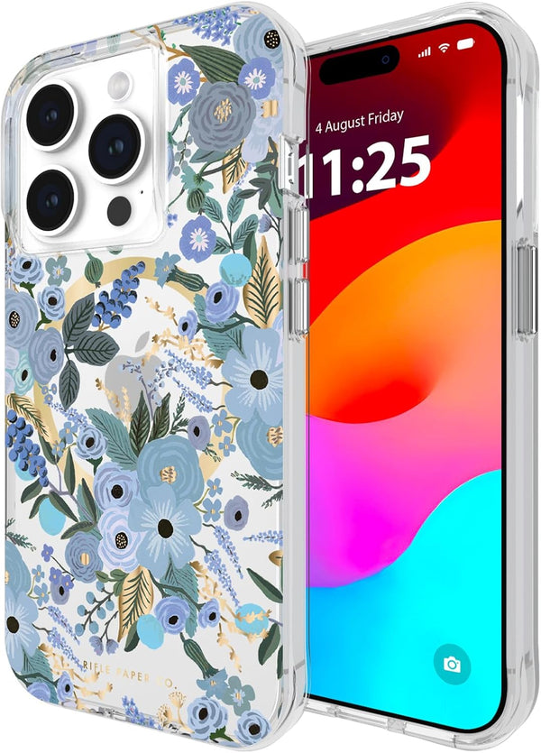 Rifle Paper Co. iPhone 15 Pro Case - Garden Party Blue, Compatible with MagSafe, 12ft Drop Protection, Slim Fit