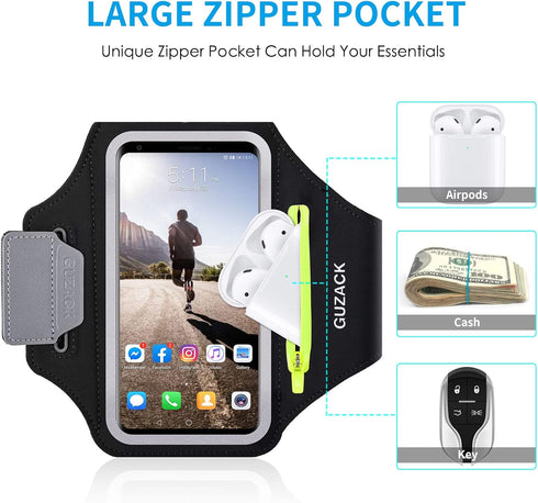 GUZACK Running Armband for iPhone 16 Pro 15 14 13 12 11 Pro Max/Plus/XR/XS, Galaxy S25/S24/S23/S22 with Card Slot & Key