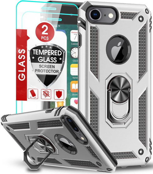 LeYi Compatible Case for iPhone 8/7/6s/6 (2 Pack), Silver with Tempered Glass Screen Protector & Kickstand