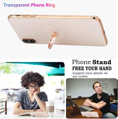 Transparent Heart Rhinestone Cell Phone Ring Holder, Bling Bling Sparkle Pink Diamond Grip Stand (Silver/Rose Gold)