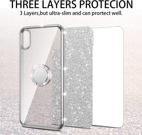 Case for Moto G Power 2021, Shockproof Protection with Ring Kickstand Lanyard, Cute Soft Glitter Cover - Silver