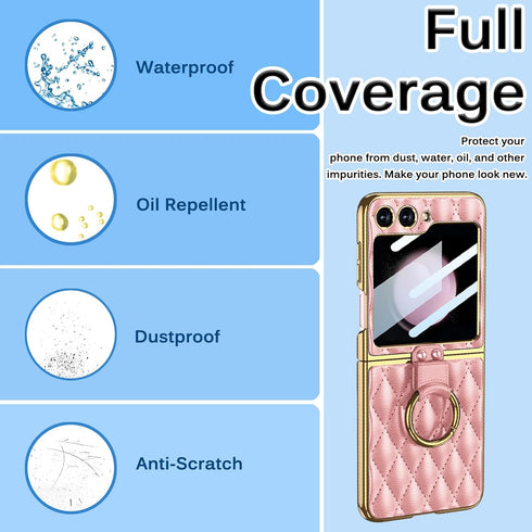 Miimall Leather with Ring Compatible with Samsung Z Flip 5 5g Case, Back Screen Protector + Metal Ring Holder Kickstand, Electroplating Frame with Screen Protector Case for Galaxy Z Flip 5 (Pink)
