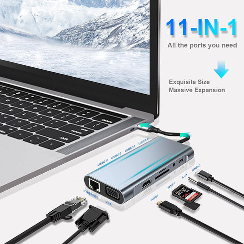 USB C HUB 11 in 1 Dongle with 4K HDMI, VGA, Type C PD, USB3.0, RJ45 Ethernet, SD/TF Card Reader