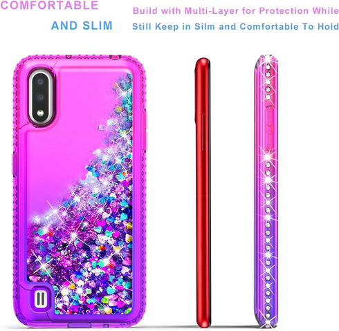 STARSHOP Compatible with Samsung Galaxy A01 Phone Case, with Tempered Glass Protector, Liquid Floating Glitter