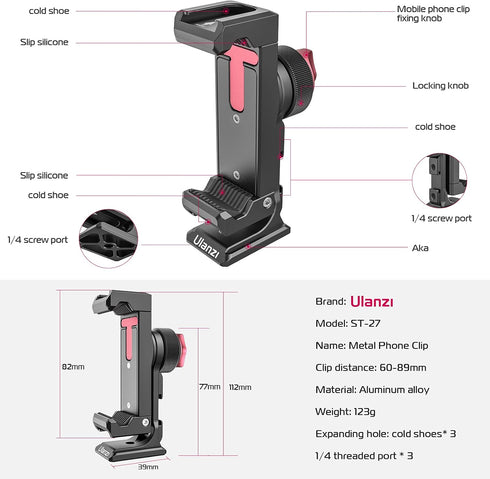 Metal Phone Tripod Mount with 3 Cold Shoes & Arca Port, 360° Smartphone Tripod Adapter for iPhone Samsung Cell Phone