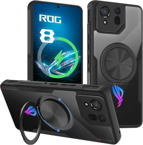 ASUS ROG Phone 8/8 Pro (2024) Magnetic Stand Case, 360 Rotatable Ring Kickstand, No-Yellowing Crystal Clear Anti-Slip