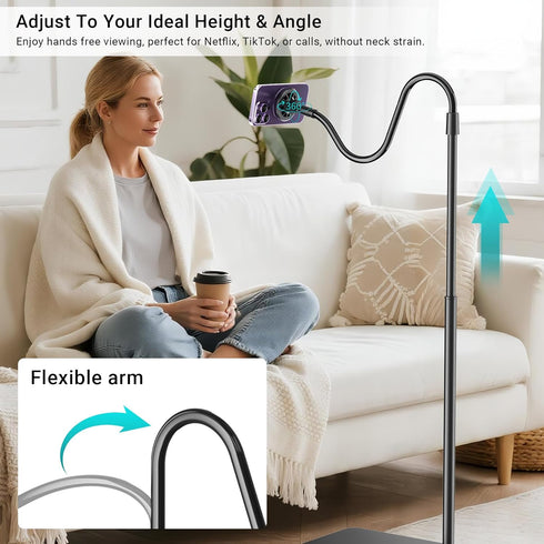 Kefotic Magnetic Gooseneck Phone Holder for Bed Laying Down, Height Adjustable Bedside Floor Stand with Flexible Arm