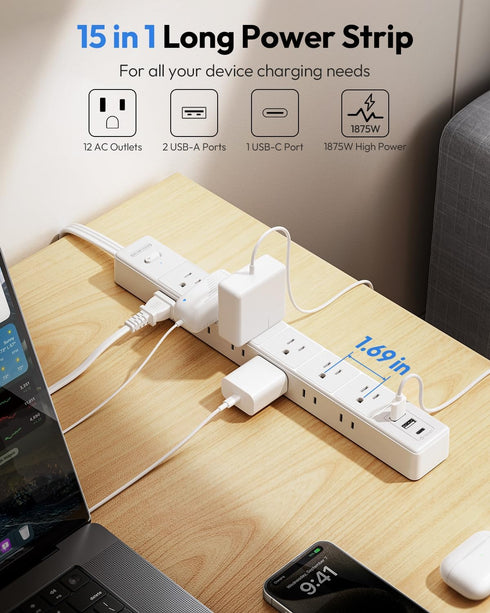 Flat Heavy Duty Extension Cord 15 FT - NTONPOWER Long Surge Protector Power Strip with 12 AC Outlets and 3 USB Ports
