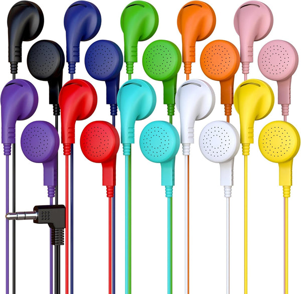 20 Pack Multi Color Kid's Wired Earphones, Disposable Headphones Individually Bagged for Classroom Libraries Schools