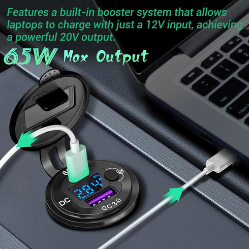 83W 12 Volt USB Outlet Built-in Boost USB C Laptop Car Charger: Ouffun 65W PD3.0 and 18W QC3.0 Car USB Port