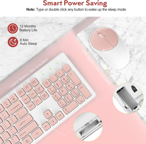 Trueque Wireless Keyboard and Mouse, Silent 2.4GHz Cordless Full Size USB Mouse Combo, Long Battery Life for Computer,