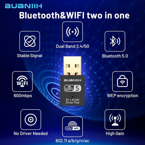 WiFi Adapter for Desktop PC,USB WiFi Adapter,Bluetooth WiFi 2-in-1,600Mbps 2.4/5.8Ghz Dual Band Wireless Network,Plug and Play, for PC/Laptop/Desktop,Support Win7/8/8.1/10/Win 11