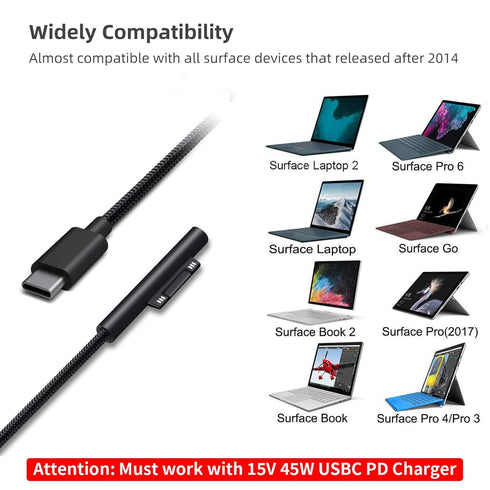 Nylon Braided Charging Cable for Microsoft Surface Pro 7/6/5/4/3/Go3/2/1 & Laptop 4/3/2/1, 6ft, 45W 15V 3A USB-C (Black)