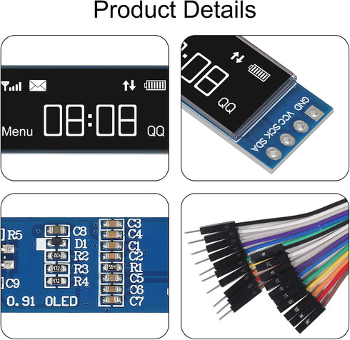 XIITIA 6pcs 0.91 inch I2C SSD1306 128x32 30pin OLED IIC Display Module LCD Screen Driver with Dupont Cables for Arduino