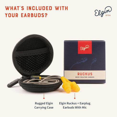 Elgin Ruckus+ Earplug Earbuds with Mic, 25 dB Noise Reduction Wired Earbuds, OSHA Compliant Hearing Protection for Work