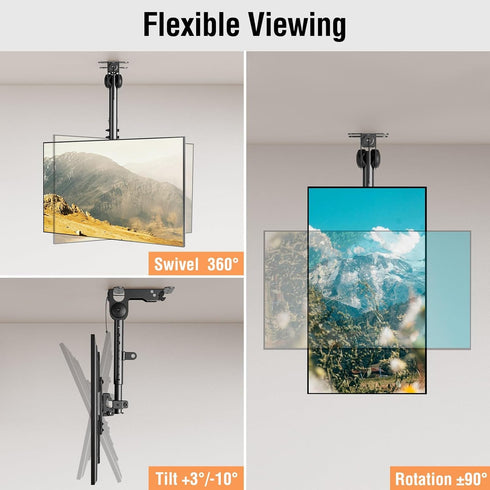 ELIVED Flip Down Ceiling TV Mount for Most 14-40 Inch TVs, Height Adjustable Full Motion Bracket 360° Swivel, Max VESA