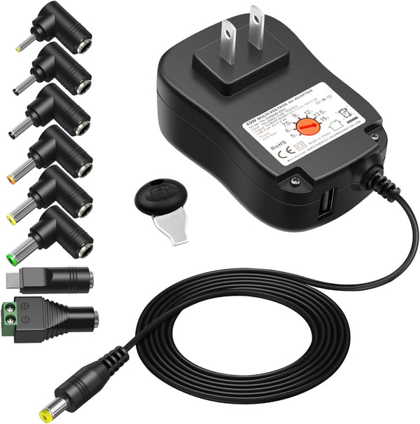 Powseed 45W Universal AC Adapter with 5V 2A USB Port, DC Power Supply Cord with 8 Tips