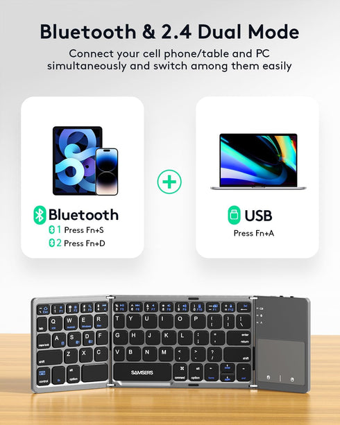 Samsers Multi-Device Foldable Bluetooth Keyboard with Touchpad, Portable Ultra Slim for Android Windows iOS