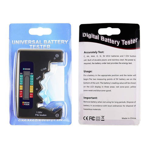 Battery Tester Checker for AA AAA D N 9V 1.5V Button Cell Batteries, Clear Bar Graph LCD Display