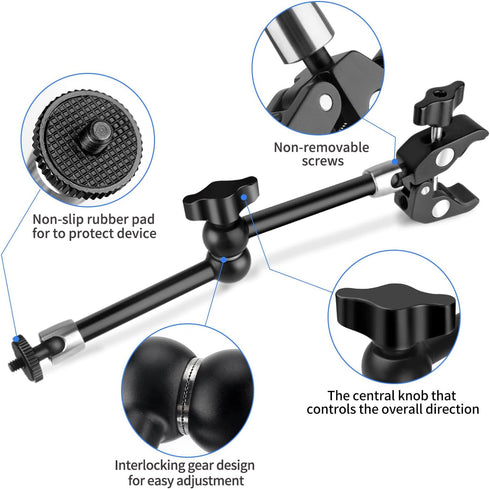 Magic Arm Camera Mount 11 inches with Super Clamp, 6lbs Load Capacity, 1/4" and 3/8" Threads