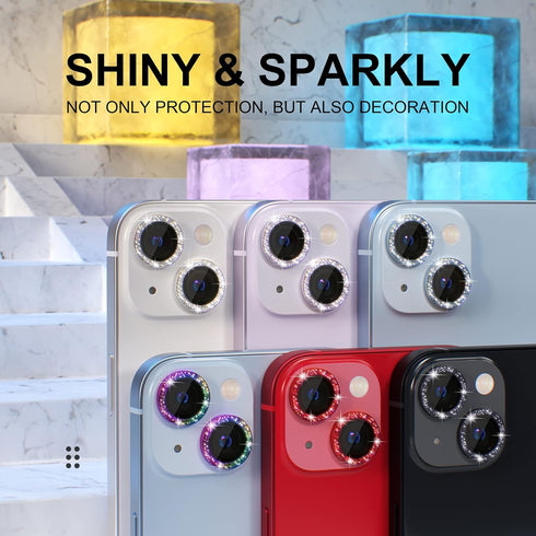 Choiche 2+1 Camera Lens Protector for iPhone 14/14 Plus, Glitter-Silver, 9H Tempered Glass, Metal Ring Decoration.