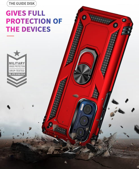Androgate Compatible with Motorola Moto Edge 2021 Case, Military-Grade Metal Ring Kickstand, 15ft Drop Tested (Red)