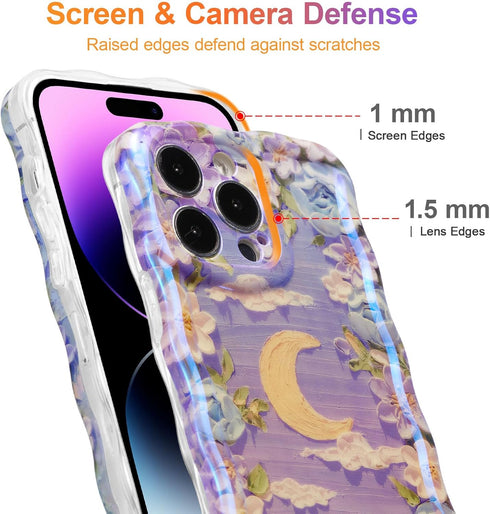 EYZUTAK iPhone 13 Pro Max Case, Colorful Retro Oil Painting Flower Moon Pattern, Stylish Durable TPU Cover - Purple