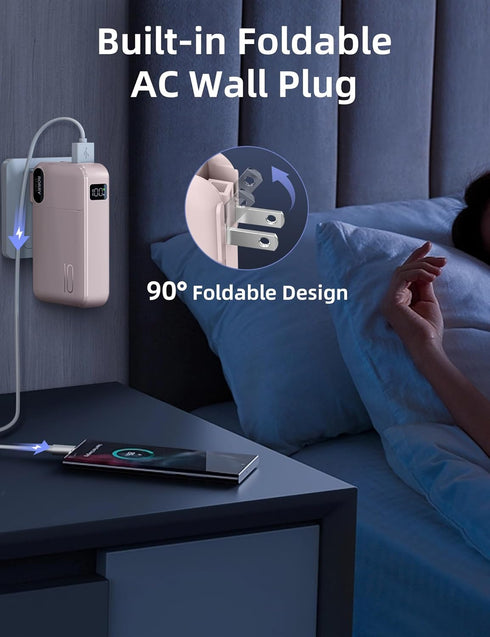 RORRY 10000mAh Pack 22.5W 17/16/15 S25/S24/S23 Portable Charger Built in Cables, AC Wall Plug in Portable Charger Power