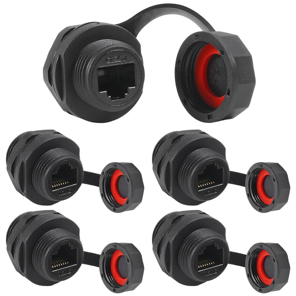 5pcs RJ45 Ethernet LAN Cable Connector, CAT6 Shielded Industrial Panel Mount Coupler with Waterproof Cap