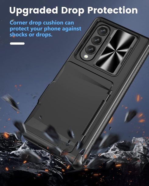 Viaotaily Samsung Galaxy Z Fold 4 Case, Durable Phone Case with Card Holder, Hinge Protection & Screen Protector (Black)