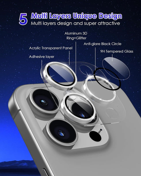 iPhone 15 Pro/iPhone 15 Pro Max Glitter Camera Lens Protector - Clear Acrylic with Aluminium Alloy Ring, 9H Tempered