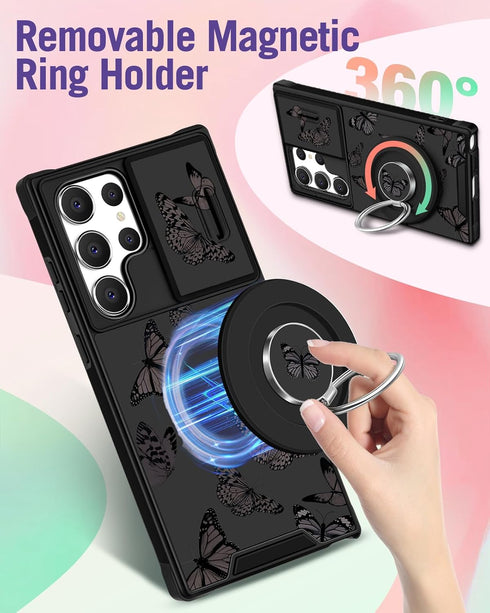 Samsung Galaxy S24 Ultra Case for Women, Cute Black Butterfly Design, Compatible with MagSafe, Camera Cover, 2in1