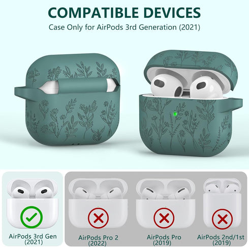 for Apple Airpod Case 3rd Generation Cover with Cleaner Kit, Flower Engraved Airpods 3rd Generation Case with Keychain, Silicone Airpod 3rd Gen Case for Women, Front LED Visible,Pine Green