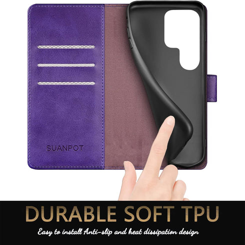 SUANPOT RFID Blocking Leather Wallet Case for Samsung Galaxy S22 Ultra, Shockproof Flip Folio Cover Purple