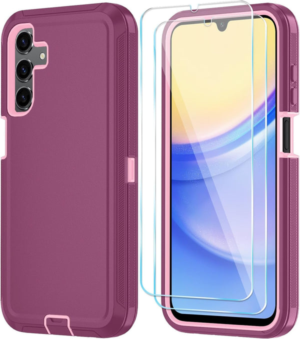 Qinmay 3-Layer Shockproof Phone Cover for Samsung Galaxy A15 5G with HD Screen Protector, WinRedPink