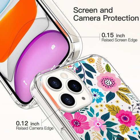 ICEDIO iPhone 11 Pro Case with Screen Protector, Clear with Colorful Floral Patterns, Slim Fit Acrylic Cover
