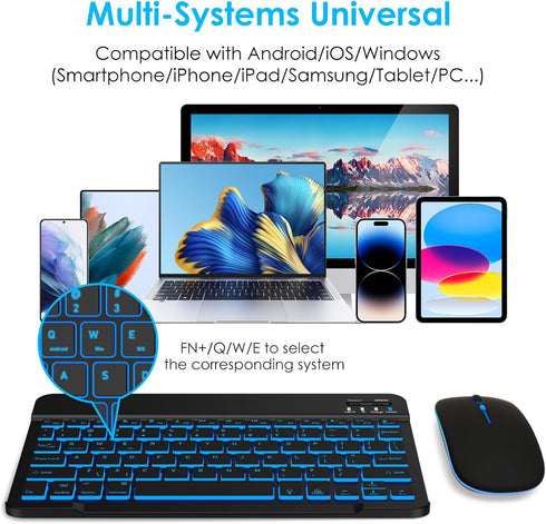 LAMA 7 Colors Backlit Universal Bluetooth Keyboard and Mouse, Ultra-Slim Rechargeable Wireless Keyboard and Mouse for iPad/iPad Mini/iPad Air iPad Pro/iPhone/iOS/Windows/Android Tablet/PC/Laptop,BK