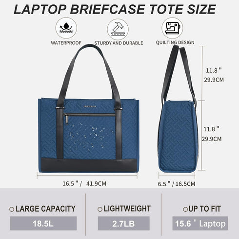 EMPSIGN 16 Inch Laptop Tote Bag for Women, Stylish Quilted Computer Shoulder Briefcase, Waterproof Haze Blue