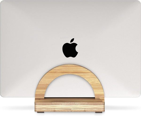 Premium Wood Vertical Laptop Stand - Adjustable Bamboo Holder for MacBook, Dell, HP, Space-Saving Desktop Organizer