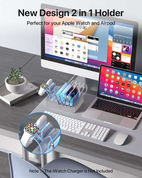 SooPii Premium 6-Port USB Charging Station Organizer for Multiple Devices, Silver