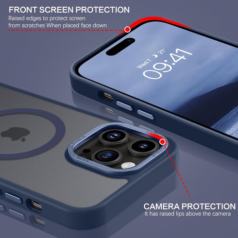 BENTOBEN Magnetic iPhone 14 Pro Case, Translucent Matte Slim Shockproof Cover, Compatible with Magsafe - Navy Blue