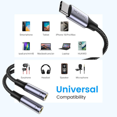MOSWAG USB C to Dual 3.5mm Female Headphone Splitter, Type C to Dual 3.5mm Adapter for Pixel and Galaxy Devices