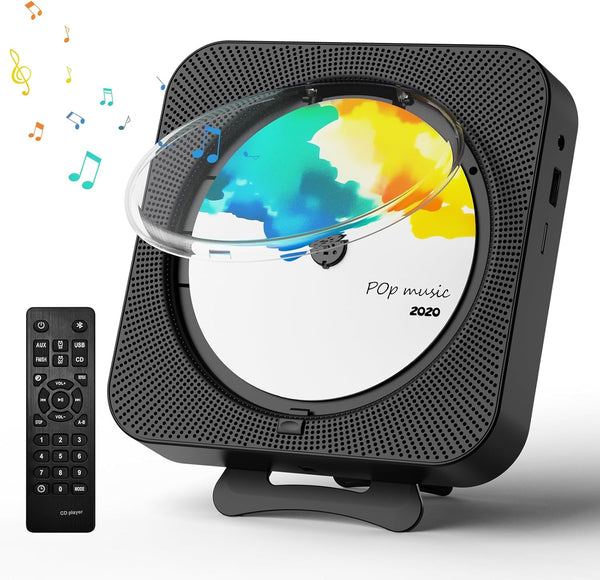 Portable CD Player with Bluetooth, Desktop Music Player with Remote Control, Supports CD/FM Radio/USB/AUX - Black