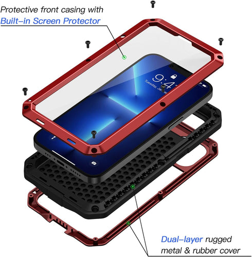 Lanhiem Metal Case for iPhone 13 Pro Max, Heavy Duty Shockproof Tough Rugged Case with Glass Screen Protector