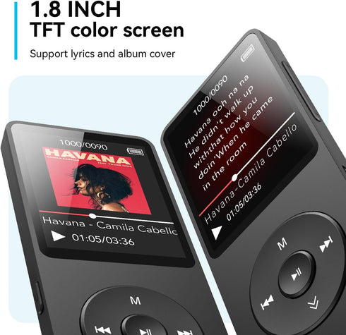 AGPTEK A02 MP3 5.3, 1.8 inch 128GB(Black, 64GB) Player with Bluetooth Screen Portable Music Player with Speaker, FM