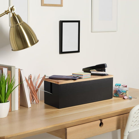 Large Cable Management Box, Wooden Cord Organizer for Under Desk, Hides Extension Cords, Power Stripes, Black