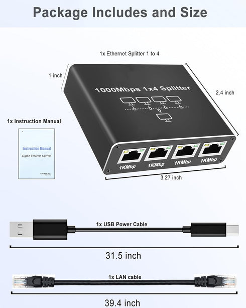 Ethernet Splitter 1 to 4, 1000Mbps High Speed Ethernet Cable Splitter with LAN Cable for 4 Devices